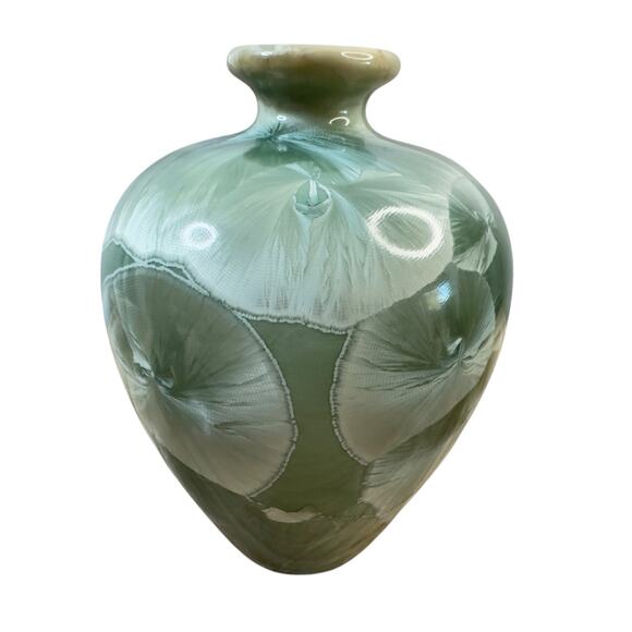 Louise Reding Studio Pottery Porcelain Vase Crystalline Glaze Green Signed 4” - Picture 5 of 14